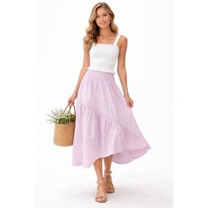 Shug Lu Lu Pink Smocked Waist Tiered Midi Skirt Cotton Cottage Core Boho L $276
